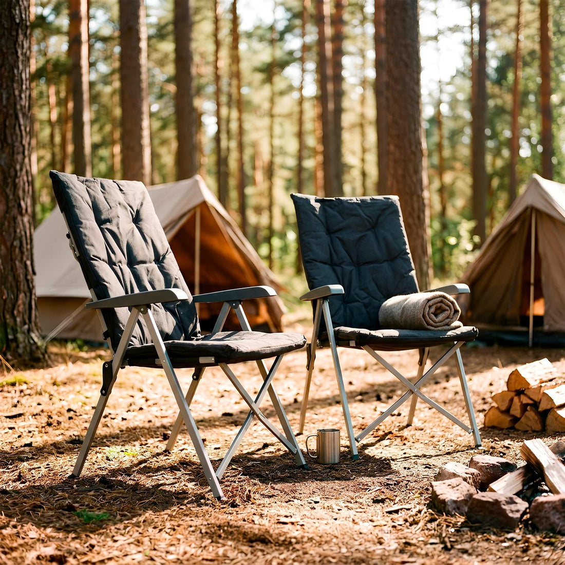 High Back Padded Reclining Camping Chair - Black