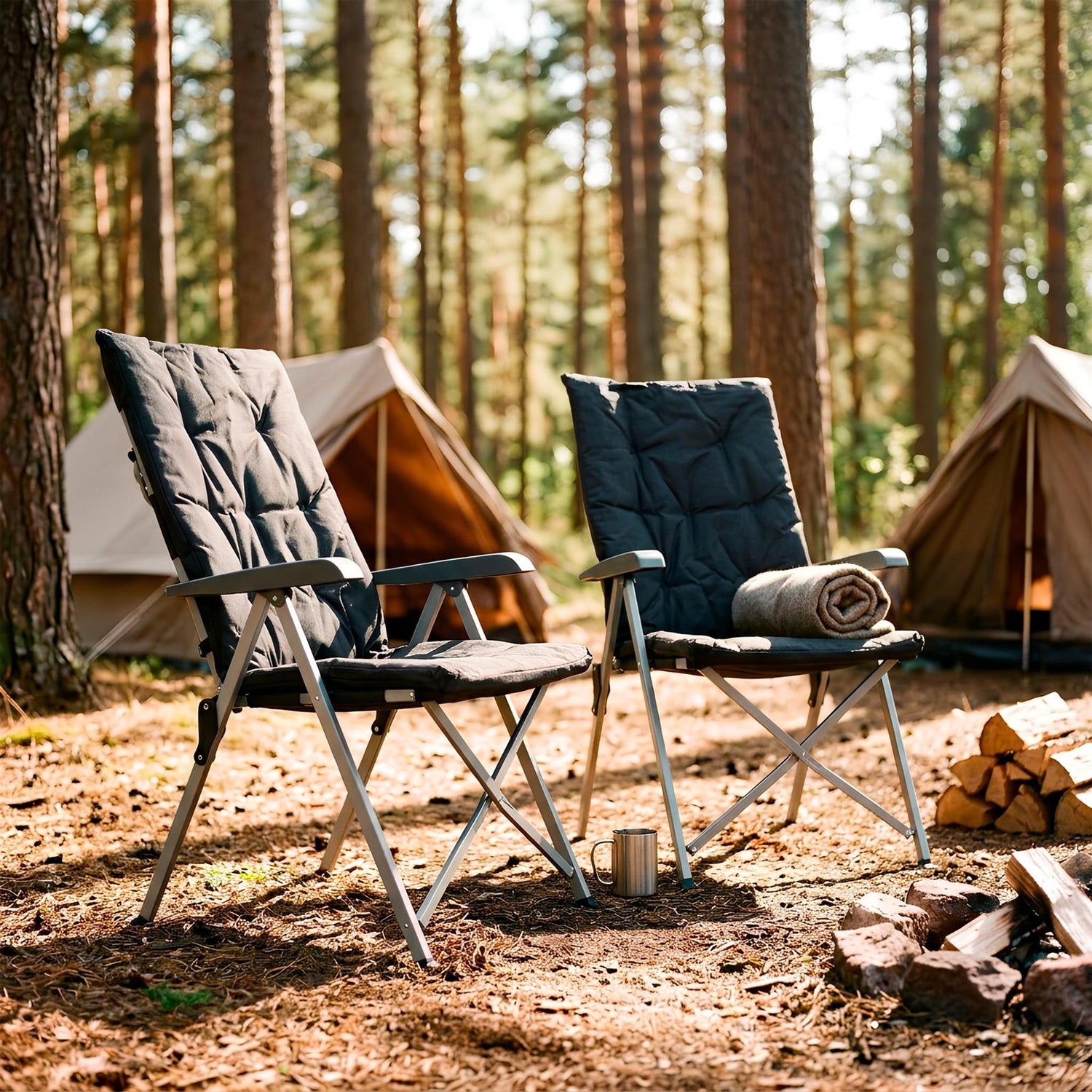 High Back Padded Reclining Camping Chair - Black