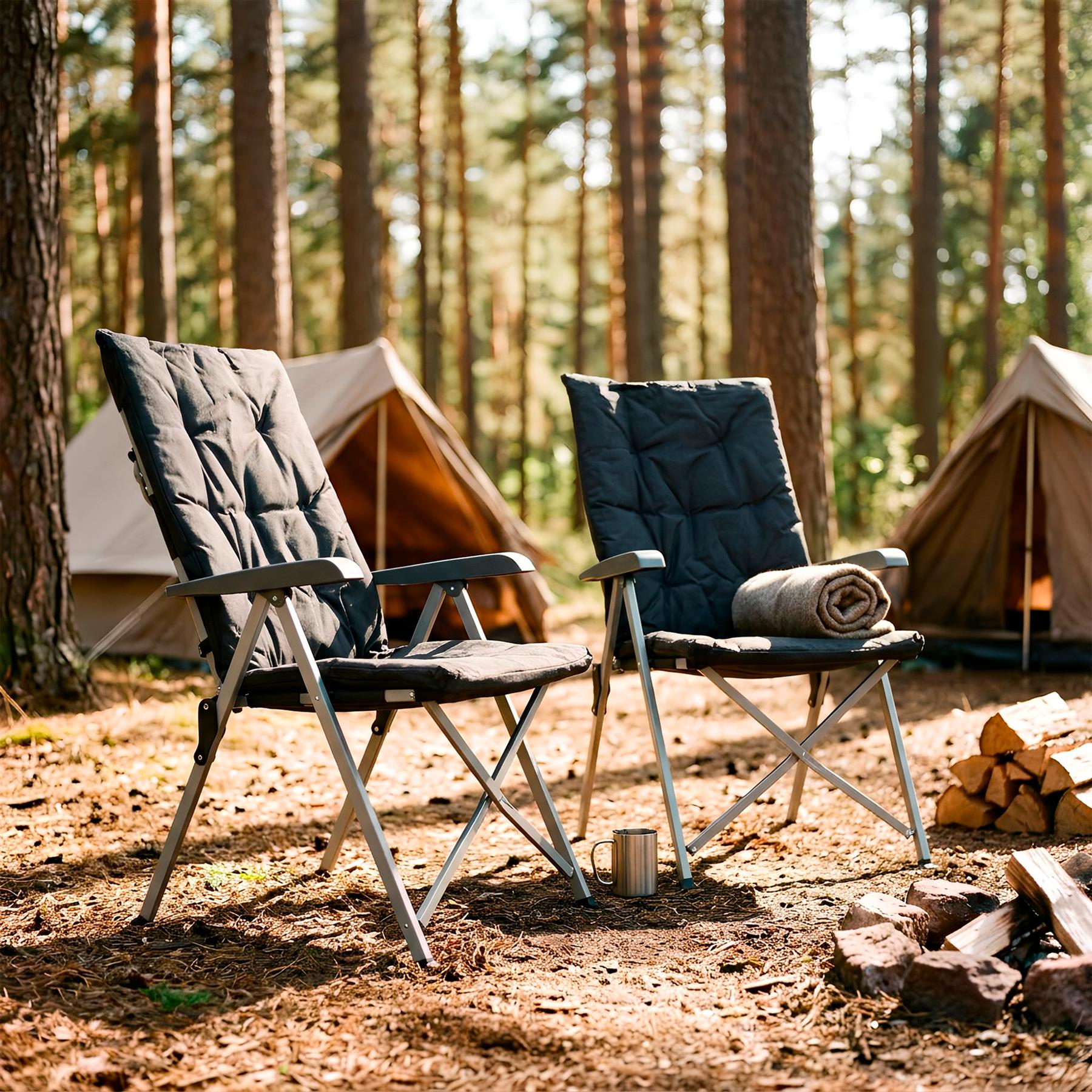 High Back Padded Reclining Camping Chair - Black