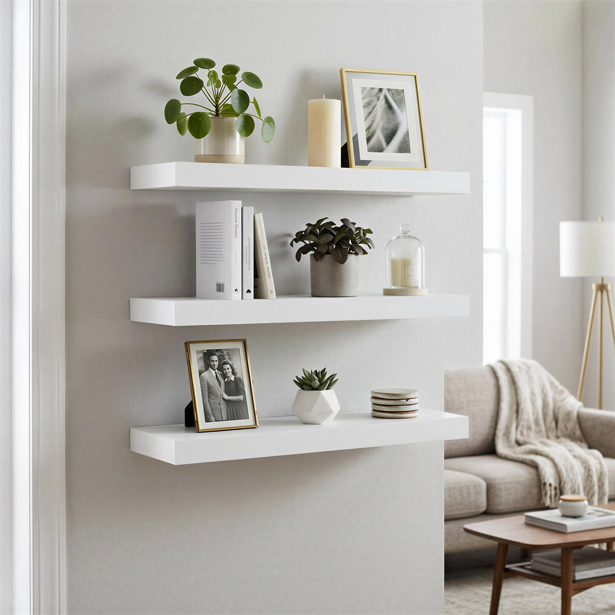 Wooden Floating Shelves - 40cm - White - Pack of 3