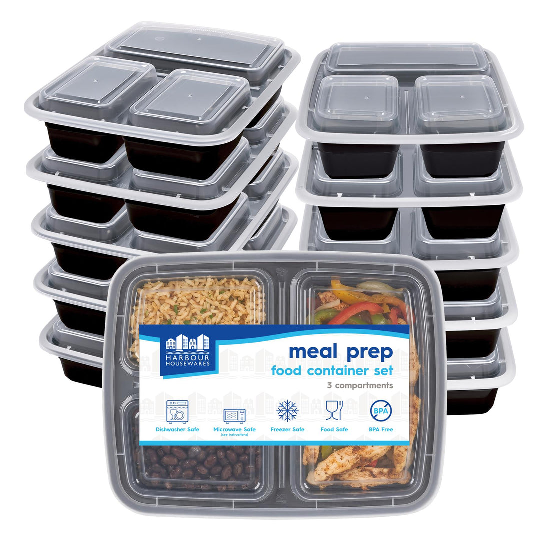 Reusable Meal Prep Containers - 3 Compartments (975ml) - Pack of 10