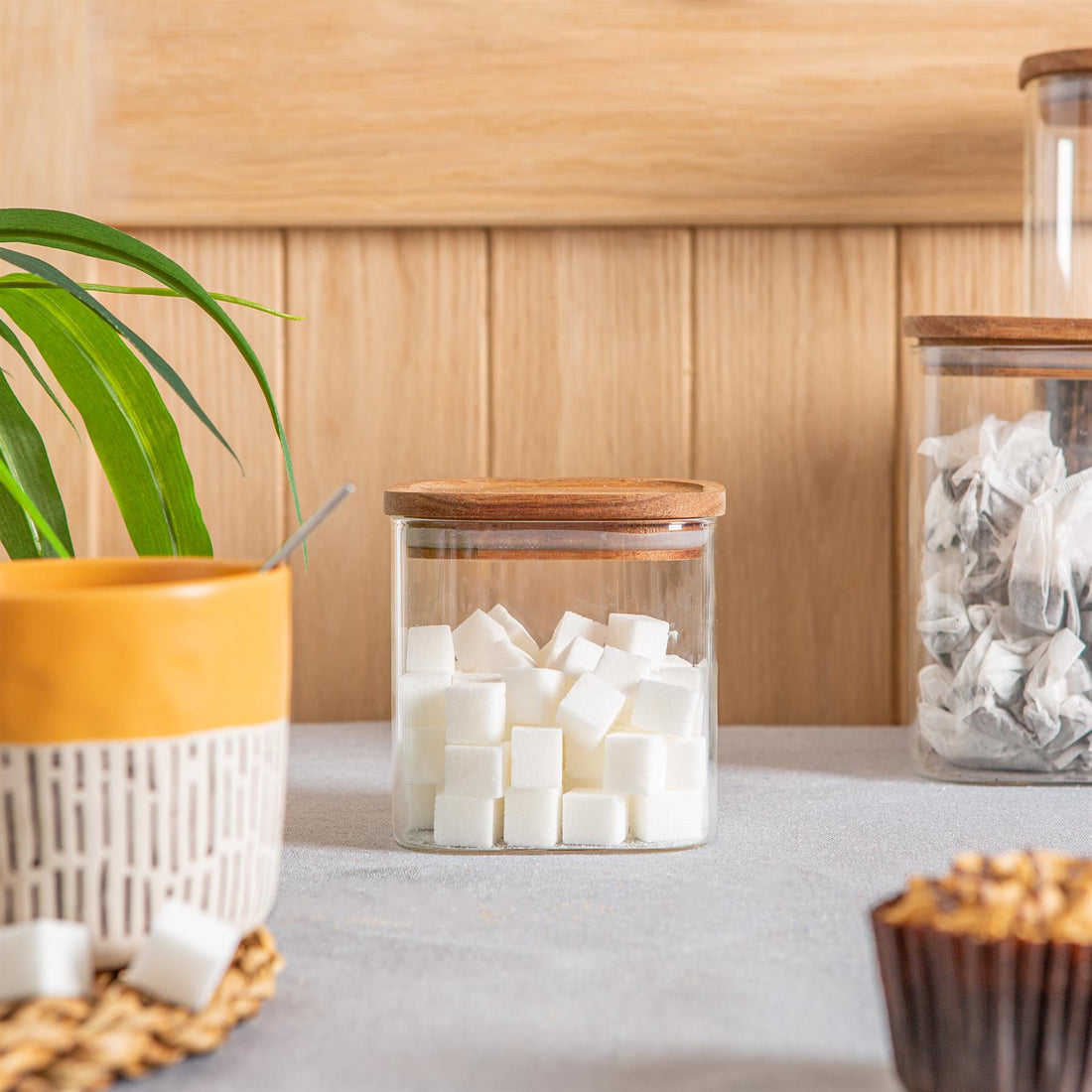 Square Glass Storage Jar with Wooden Lid - 680ml