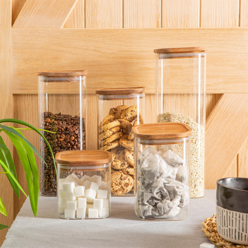 Argon Tableware Square Glass Storage Jar with Wooden Lid - 1.1 Litre
