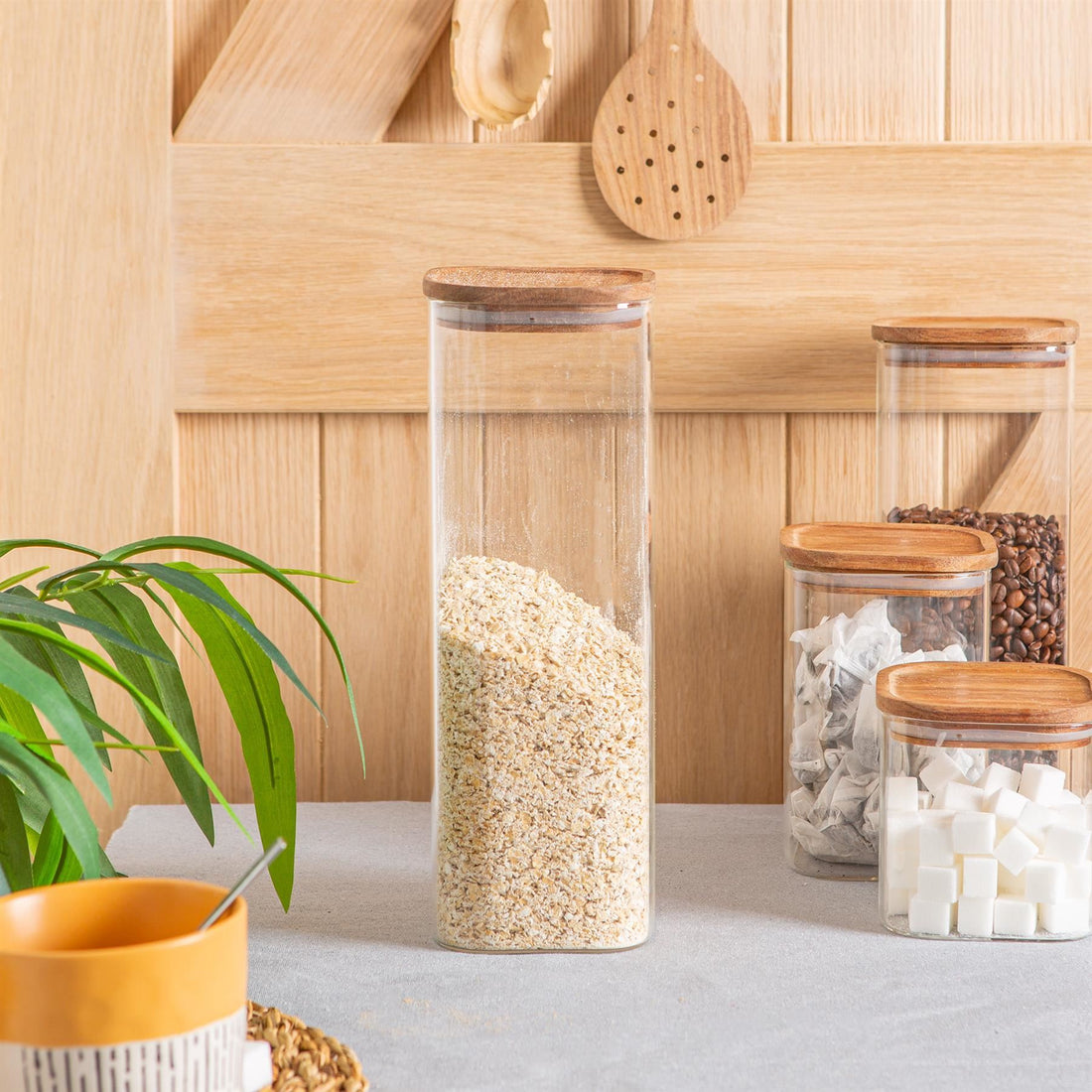 Square Glass Storage Jar with Wooden Lid - 2.2 Litre