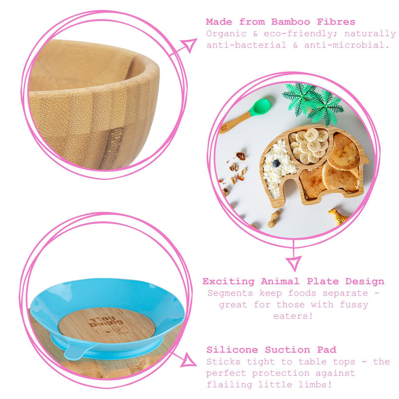 Tiny Dining Children's Bamboo Dinosaur Plate, Bowl and Spoon with Suction Cups - Pink