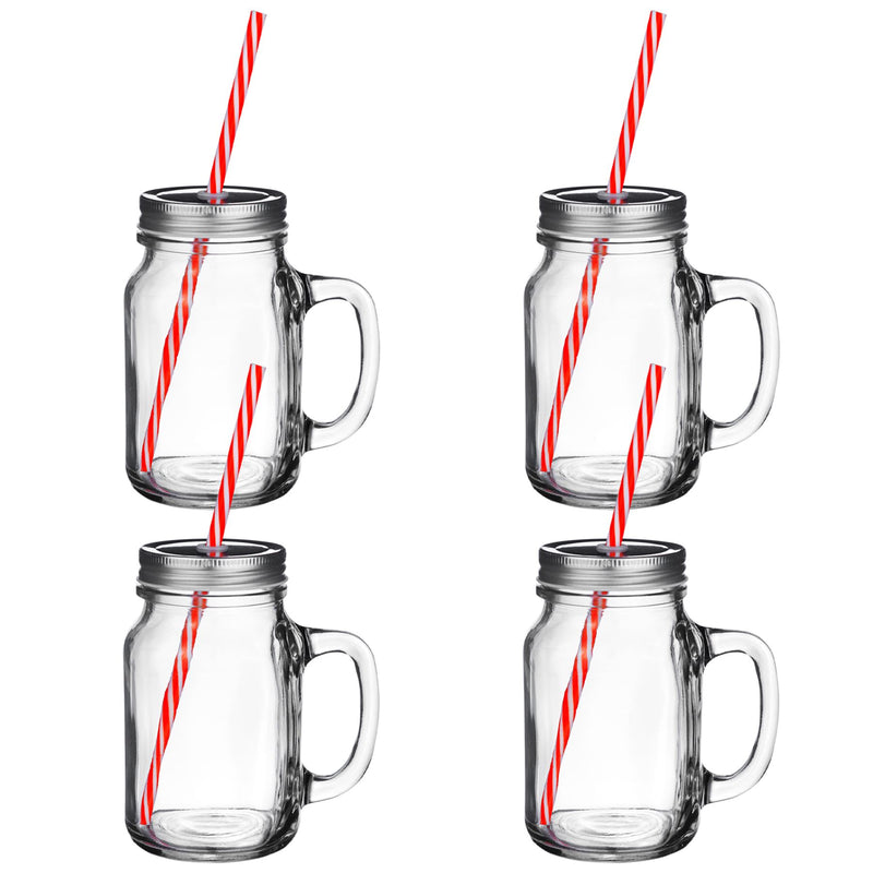 Rink Drink Jam Jar Drinking Glass with Lids and Straws - 620ml