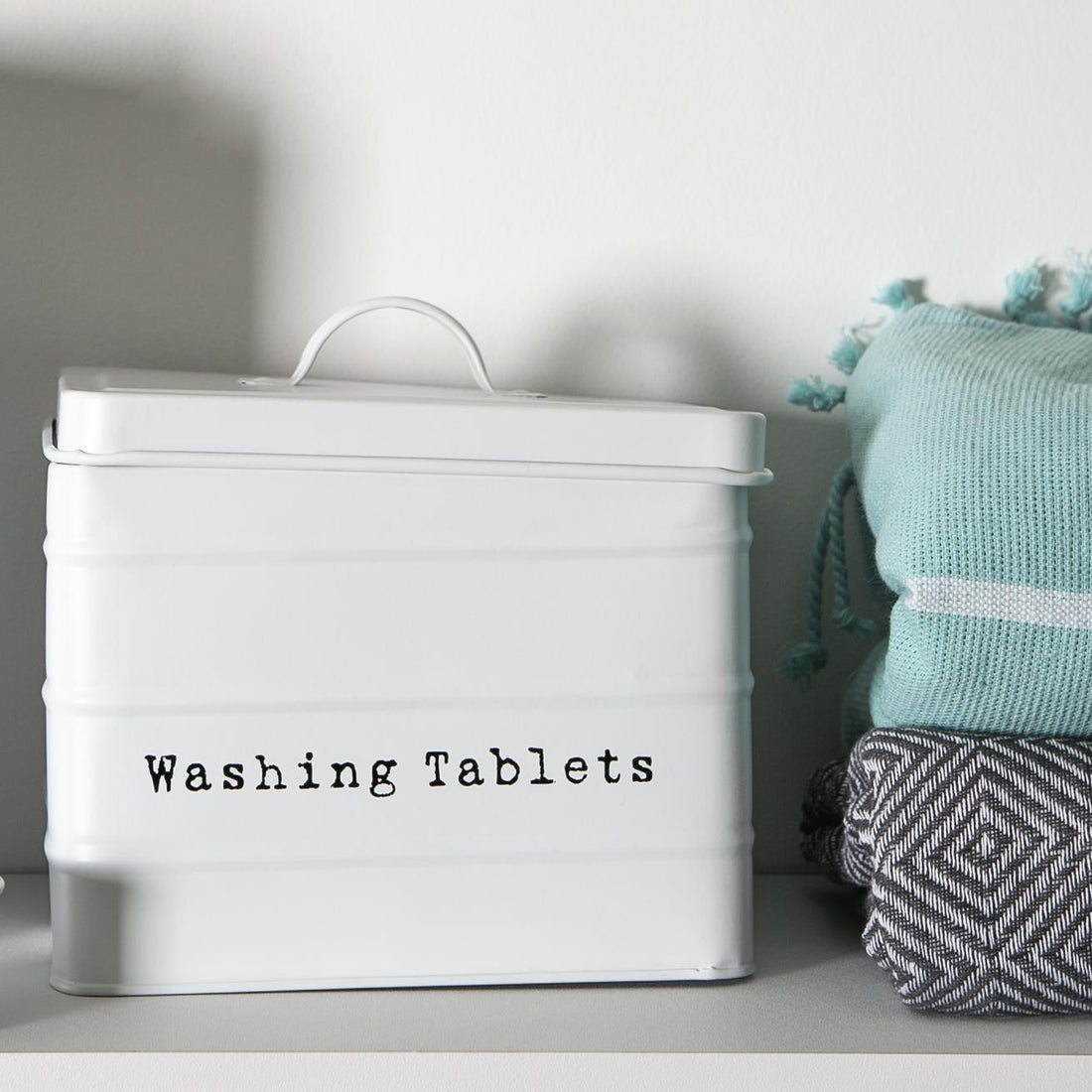 Vintage Metal Washing Tablets Storage Tin - Matt White