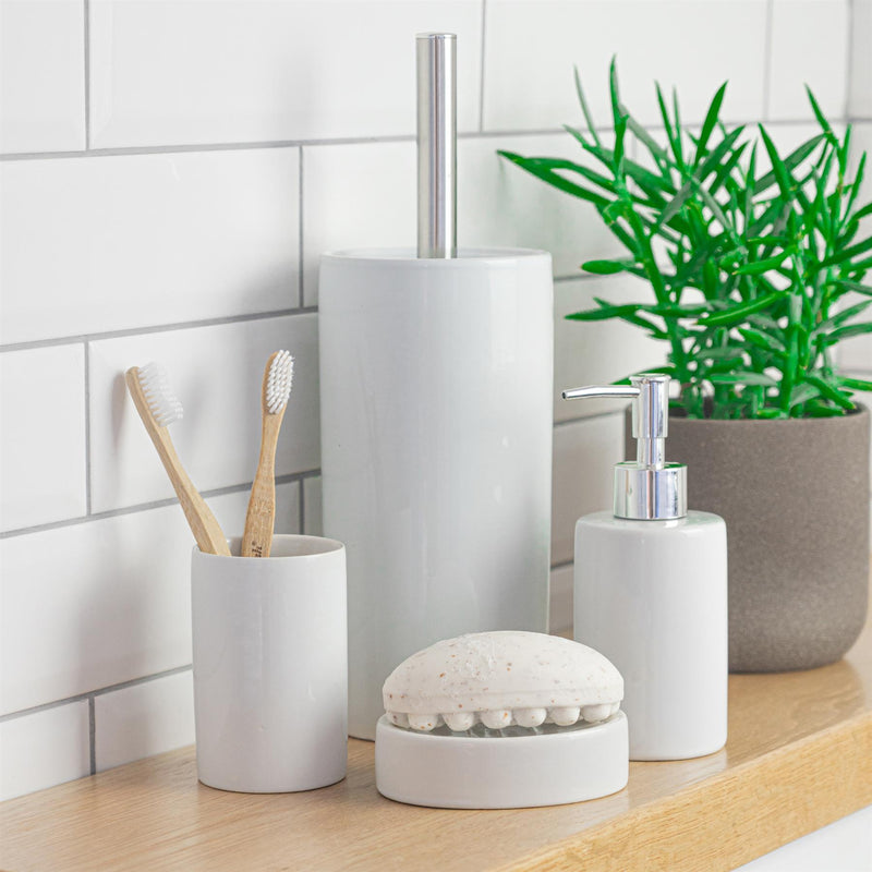 Harbour Housewares Ceramic Bathroom Toilet Brush & Holder Set White