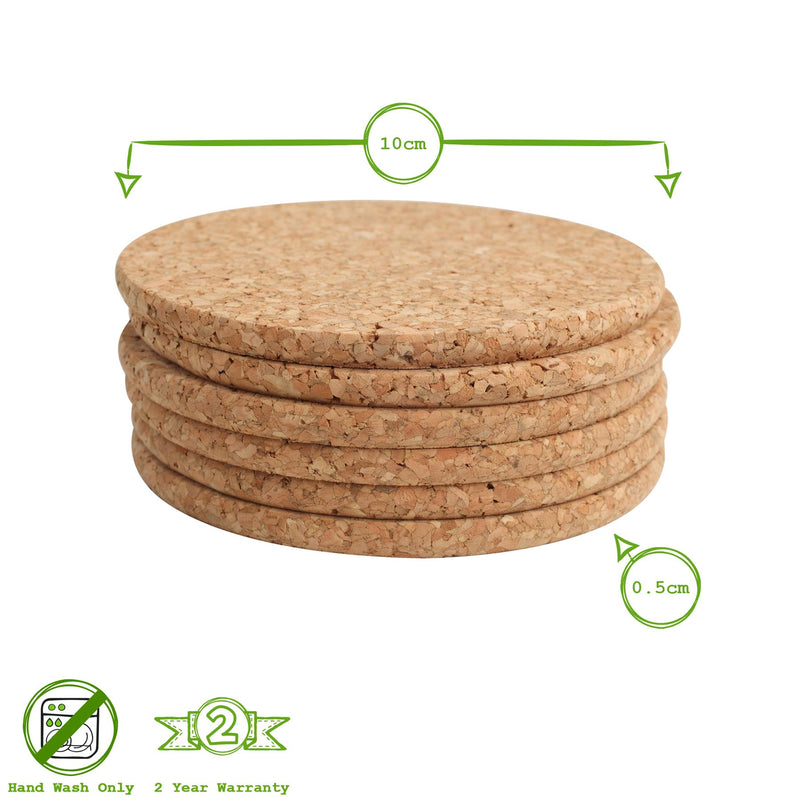 10cm FSC Round Cork Coasters - Brown - Pack of 6 - By T&G