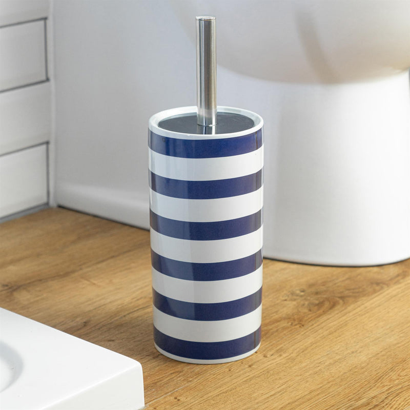 Harbour Housewares Ceramic Bathroom Toilet Brush & Holder Set Blue and White
