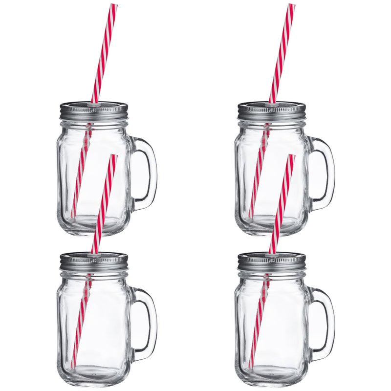 Rink Drink Jam Jar Drinking Glass with Lids and Straws - 450ml