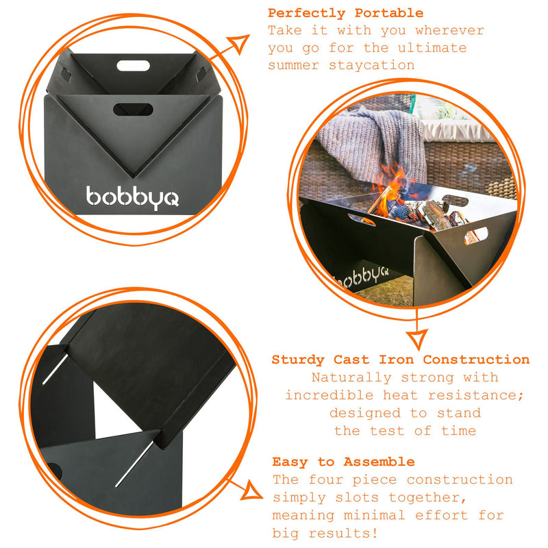 BobbyQ Portable Flat Pack Fire Pit - 40 x 46 x 30cm - Black