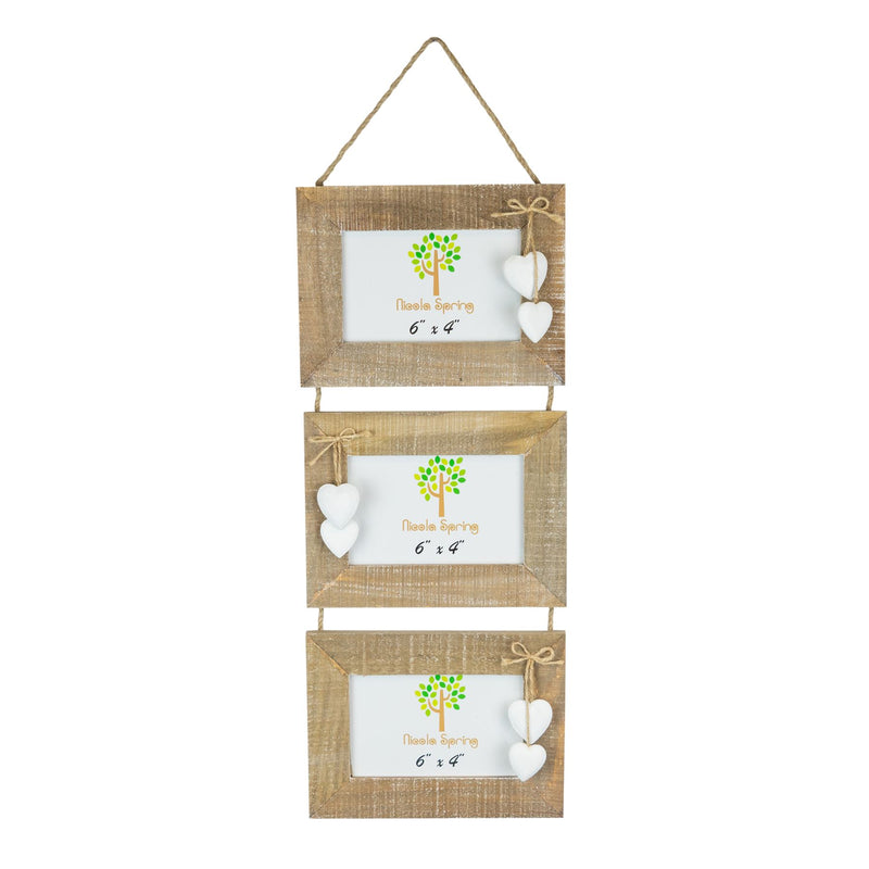 Nicola Spring Triple Wooden Hanging Picture Frame - 6x4 - Natural with White Hearts