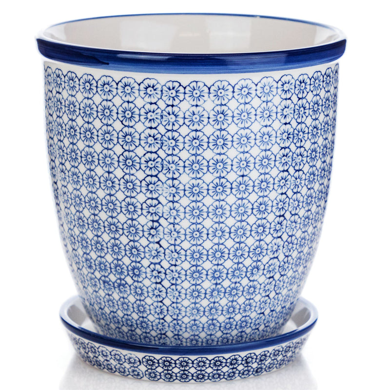 Nicola Spring Hand-Printed Japanese China Flower Pot with Drip Tray - Blue Floral - 203mm