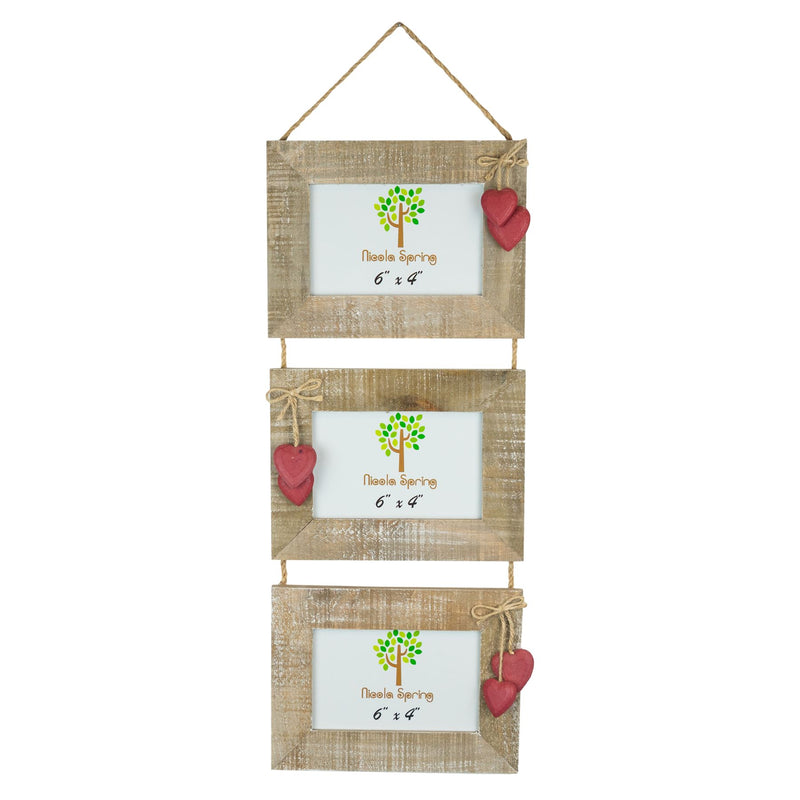 Nicola Spring Triple Wooden Hanging Picture Frame - 6x4 - Natural with Red Hearts