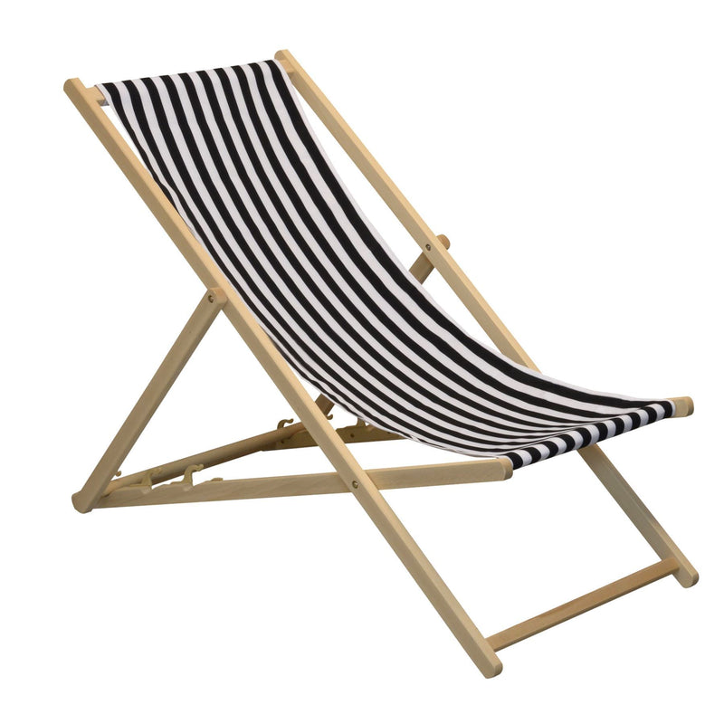 Harbour Housewares Beach Deck Chair - Black/White Stripes with Beech Wood Frame