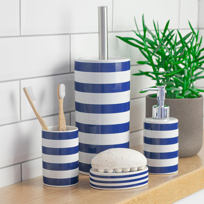 Harbour Housewares Ceramic Bathroom Toilet Brush & Holder Set Blue and White