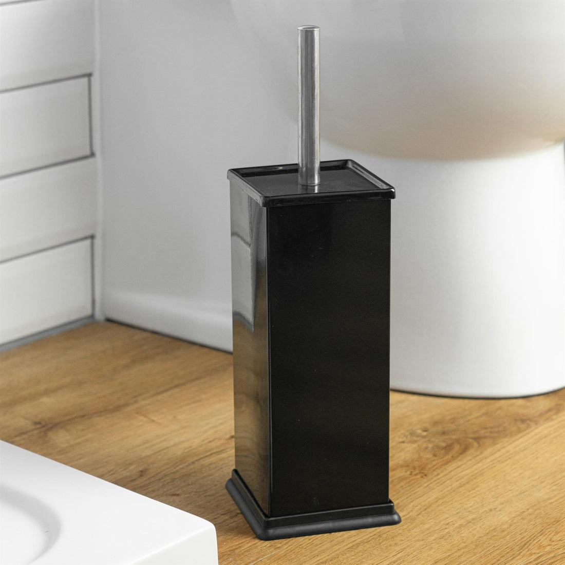 Harbour Housewares Square Steel Bathroom Toilet Brush &amp; Holder Set - Black