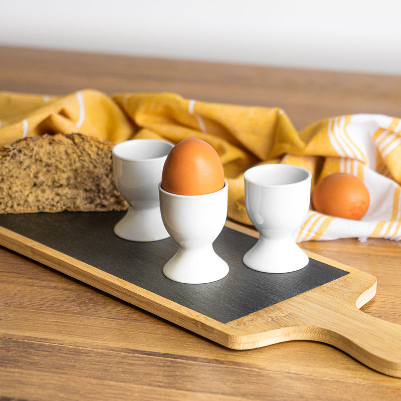 Argon Tableware White Egg Cups for Hard Boiled Soft Boiled Eggs on Slate Serving Board