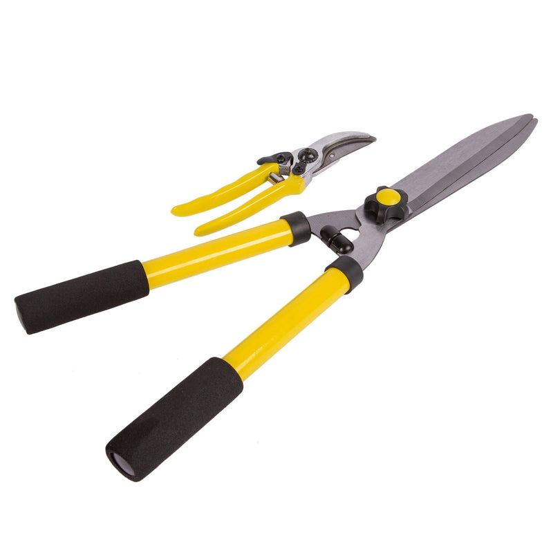 2pc Yellow Carbon Steel Hedge Shears & Secateurs Set - By Green Blade