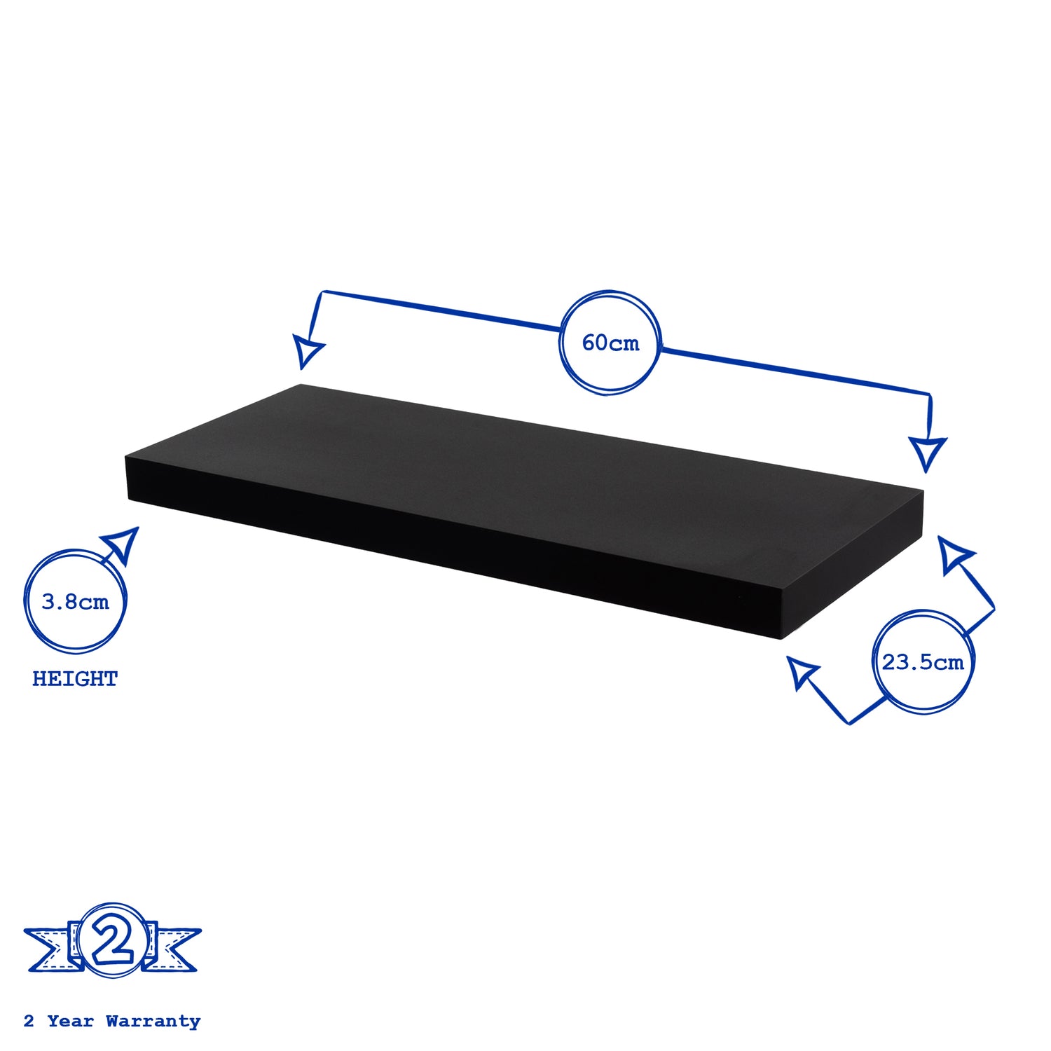 Harbour Housewares Medium Rectangular Wooden Floating Wall Shelf - 60cm - Black