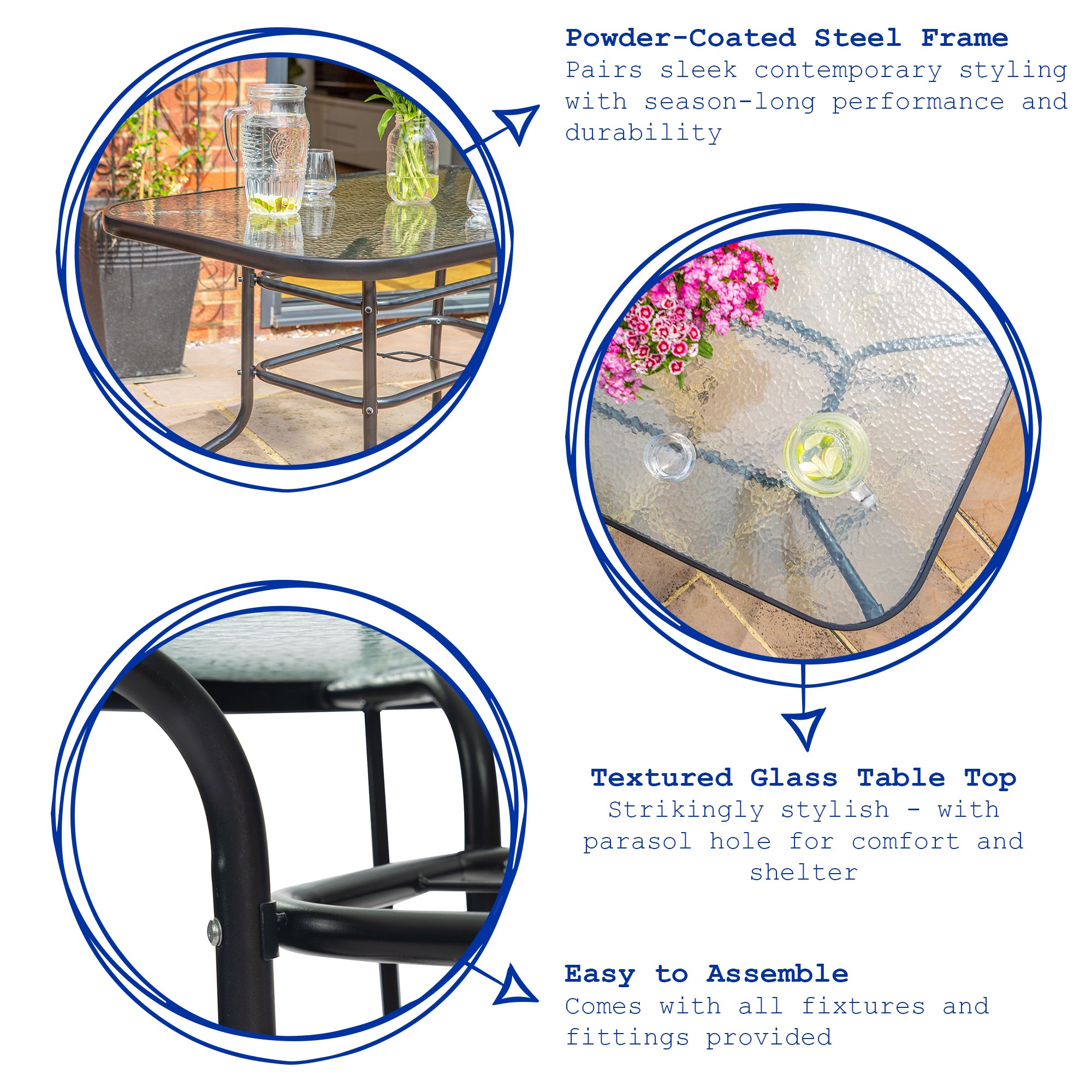 Harbour Housewares Glass Top Garden Table - 90 x 90cm - Black