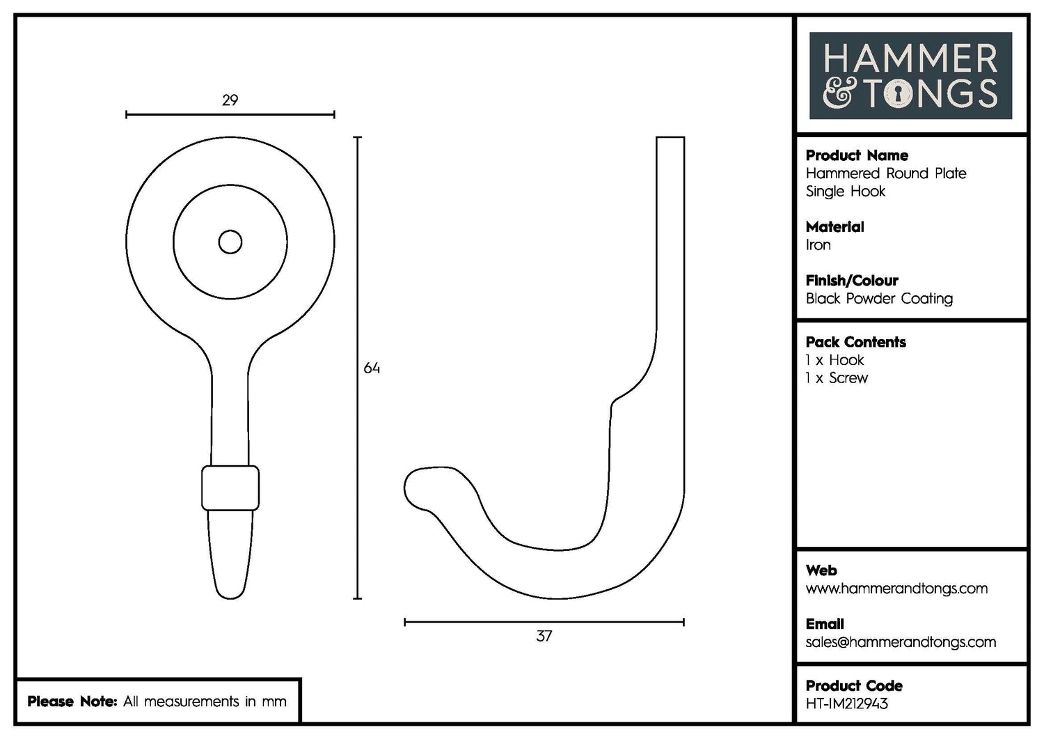 Hammered Round Plate Single Hook - W30mm x H65mm - Black
