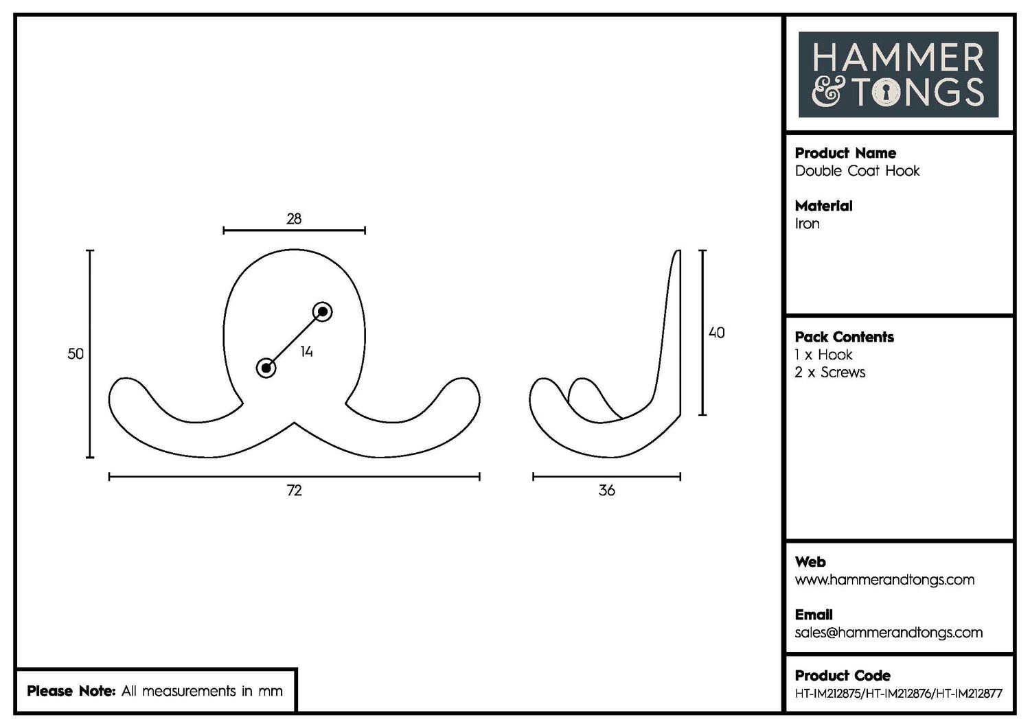 Double Coat Hook - W70mm x H50mm