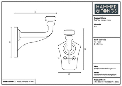 Flat Top Larder Hook - W40mm x H70mm