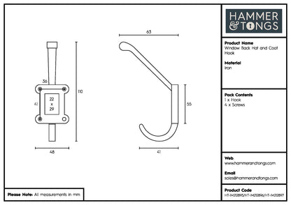 Window Back Label Holder Hat &amp; Coat Hook - W50mm x H110mm