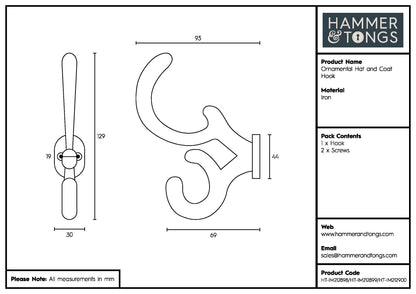 Ornamental Hat &amp; Coat Hook - W30mm x H130mm