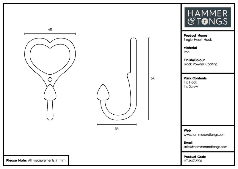 Single Heart Hook - W40mm x H100mm - Black