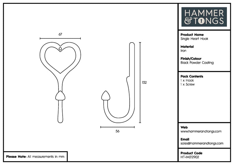 Single Heart Hook - W65mm x H130mm - Black