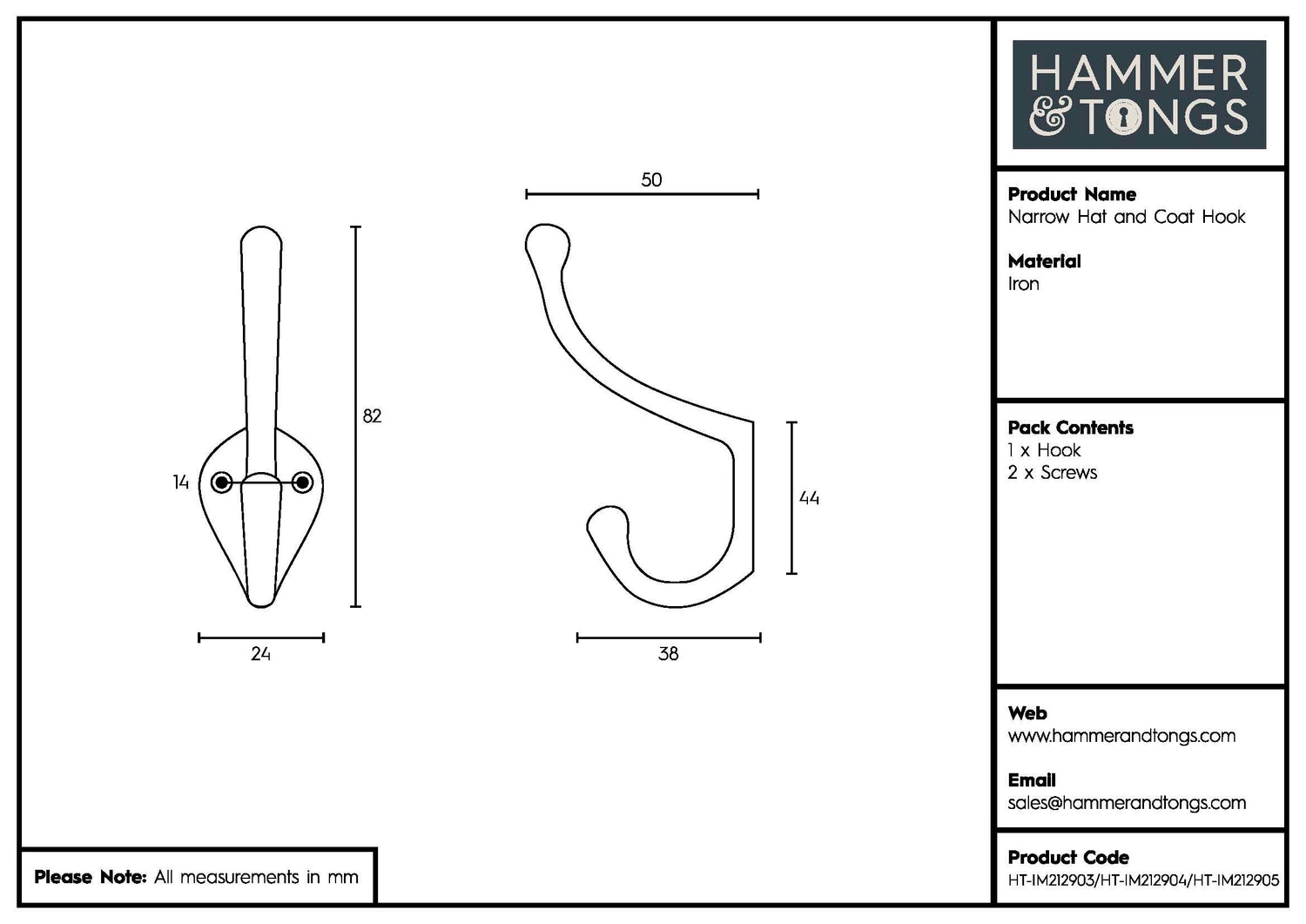 Narrow Hat &amp; Coat Hook - W25mm x H80mm