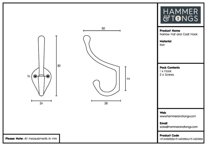 Narrow Hat & Coat Hook - W25mm x H80mm