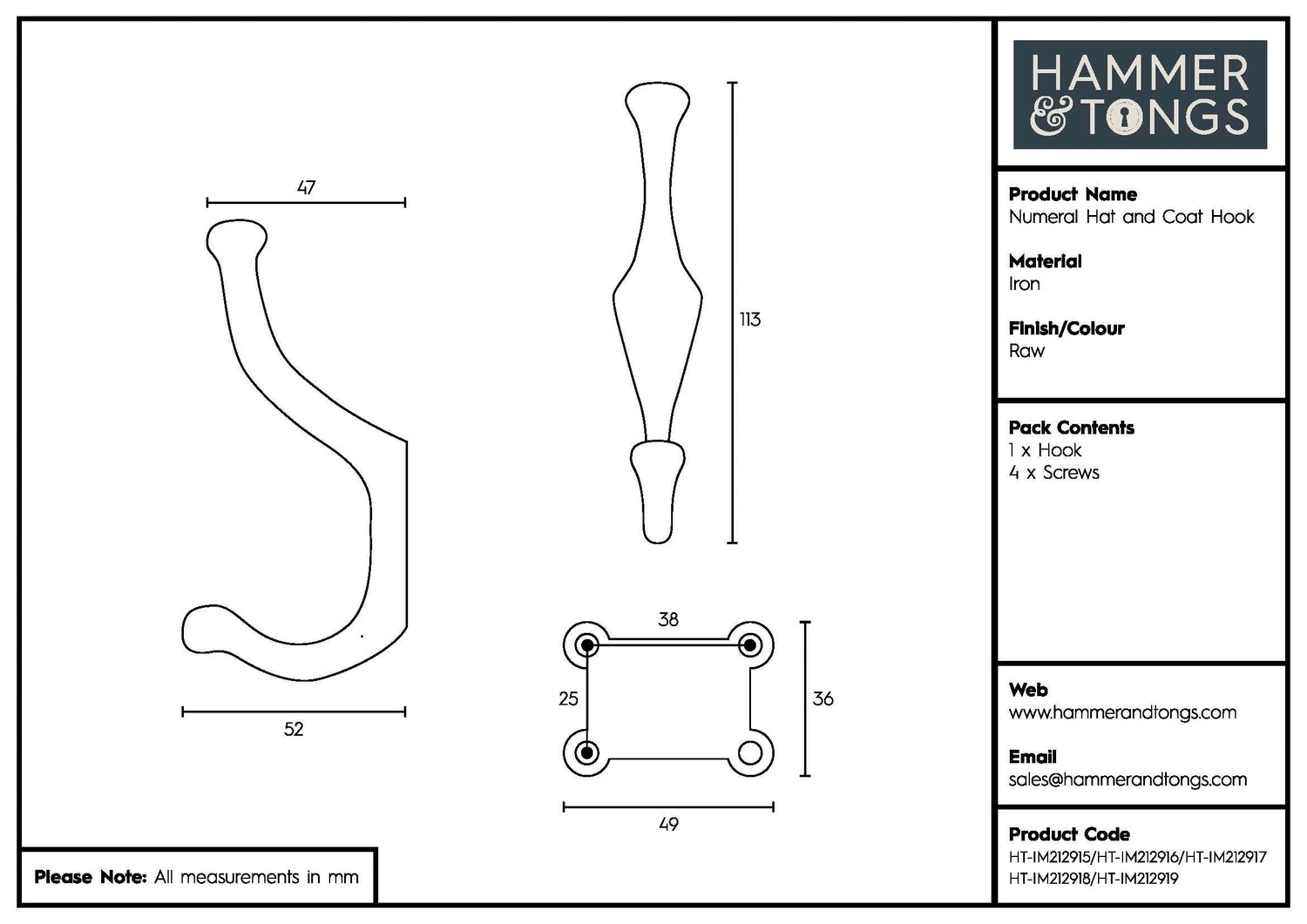 Number 3 Cast Iron 50 x 115mm Double Wall Hook