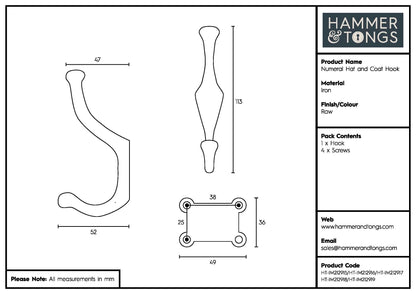 Number 3 Cast Iron 50 x 115mm Double Wall Hook
