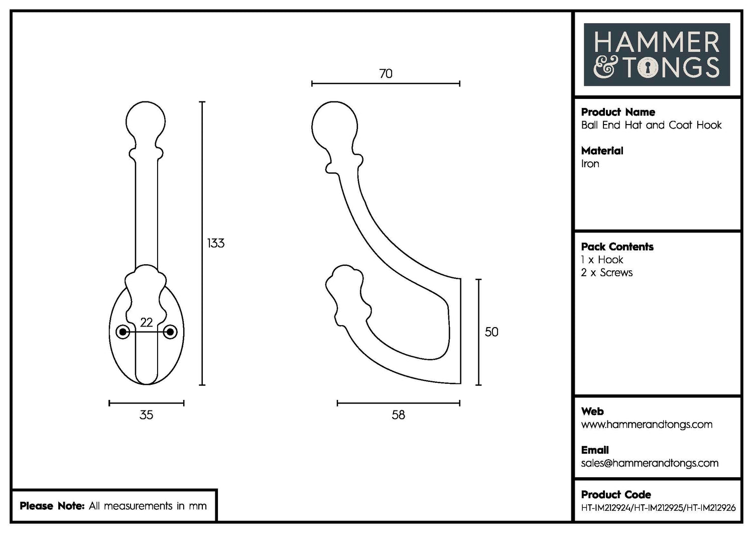 Ball End Hat &amp; Coat Hook - W35mm x H135mm