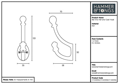 Ball End Hat &amp; Coat Hook - W35mm x H135mm