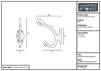 Curly Hat &amp; Coat Hook - W40mm x H140mm - Black