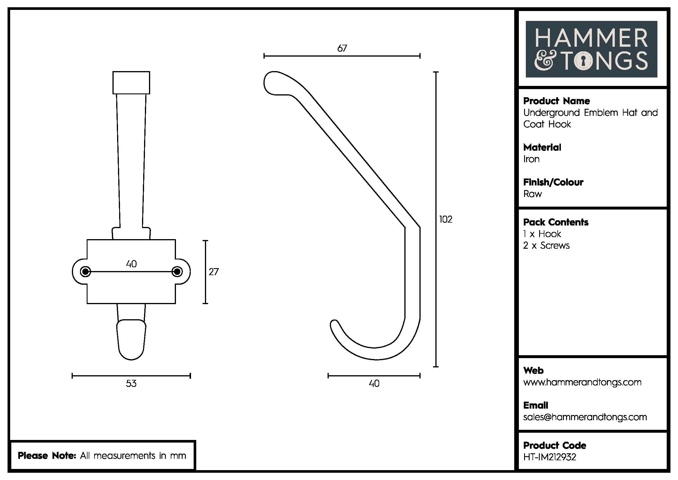 London Underground Hat &amp; Coat Hook - W55mm x H100mm - Raw