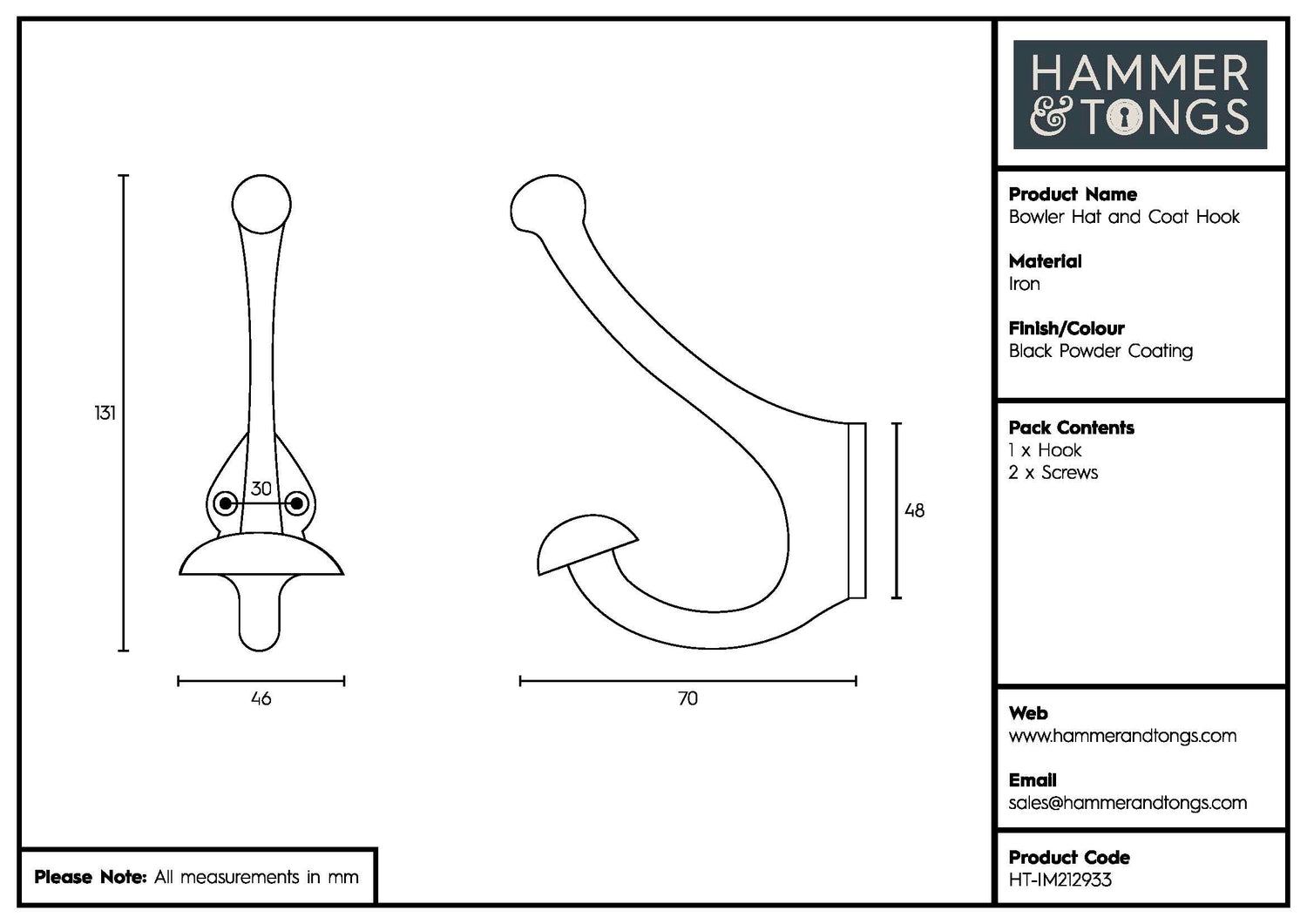 Bowler and Coat Hook - W45mm x H130mm - Black