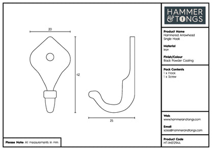 Hammered Arrowhead Single Hook - W20mm x H40mm - Black