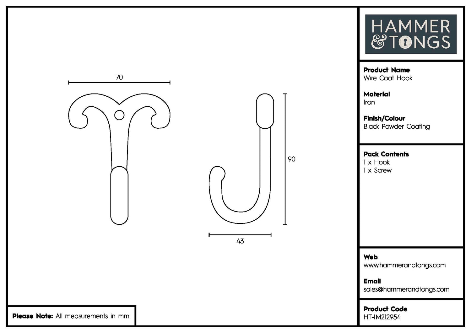 Wire Coat Hook - W70mm x H90mm - Black