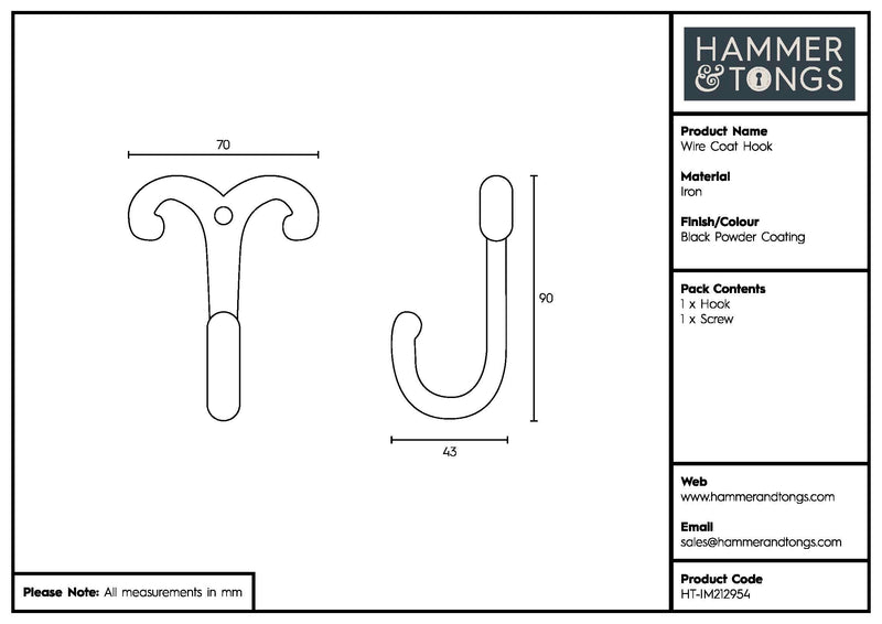 Wire Coat Hook - W70mm x H90mm - Black