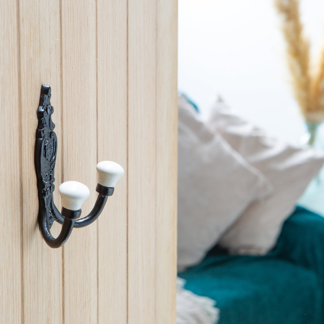 Ornate Double White Ceramic Coat Hook - W100mm x H115mm - Black