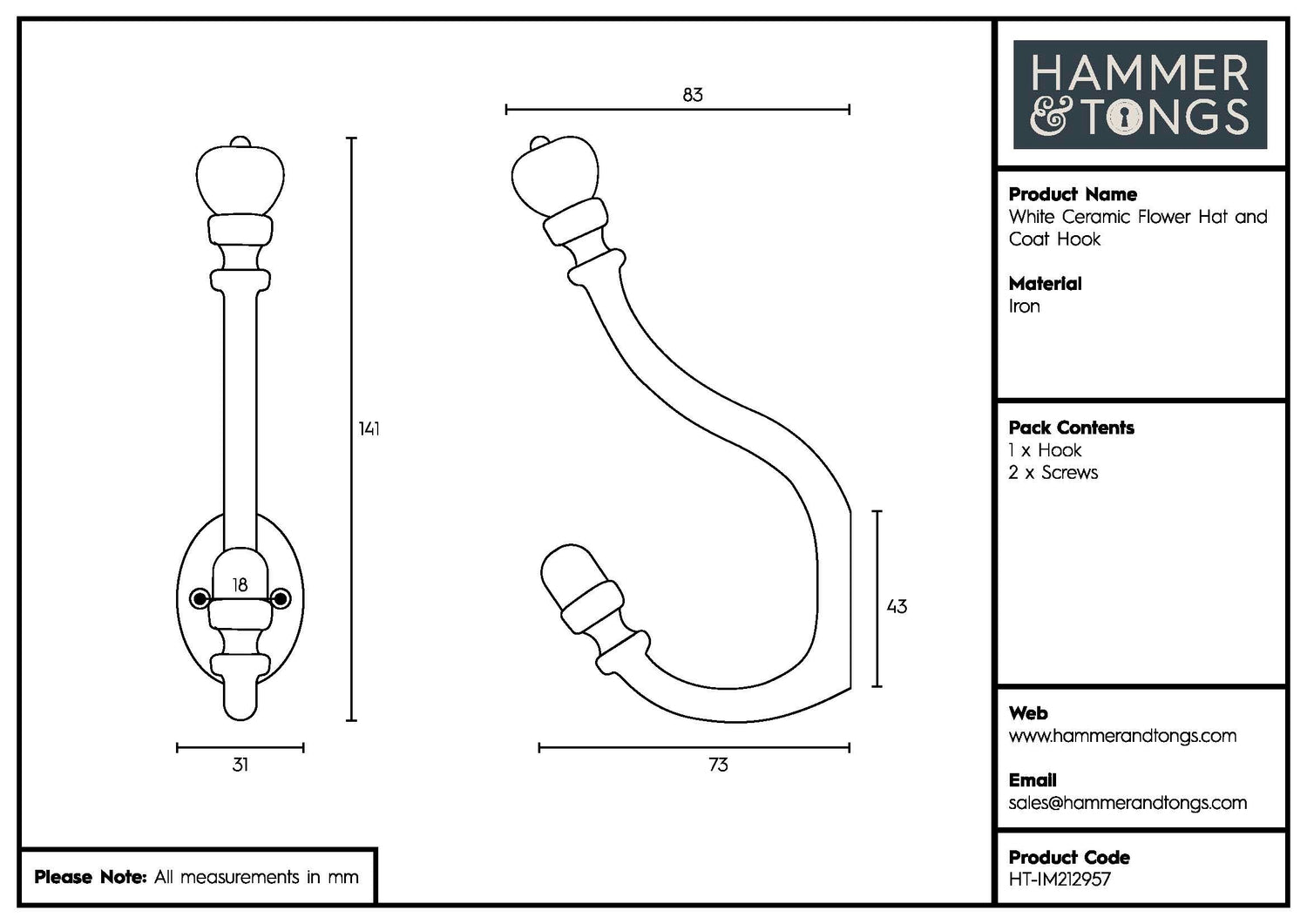 Ceramic Flower Hat &amp; Coat Hook - W30mm x H140mm - Black