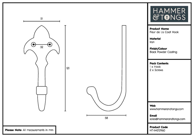 Fleur De Lis Coat Hook - W50mm x H120mm - Black