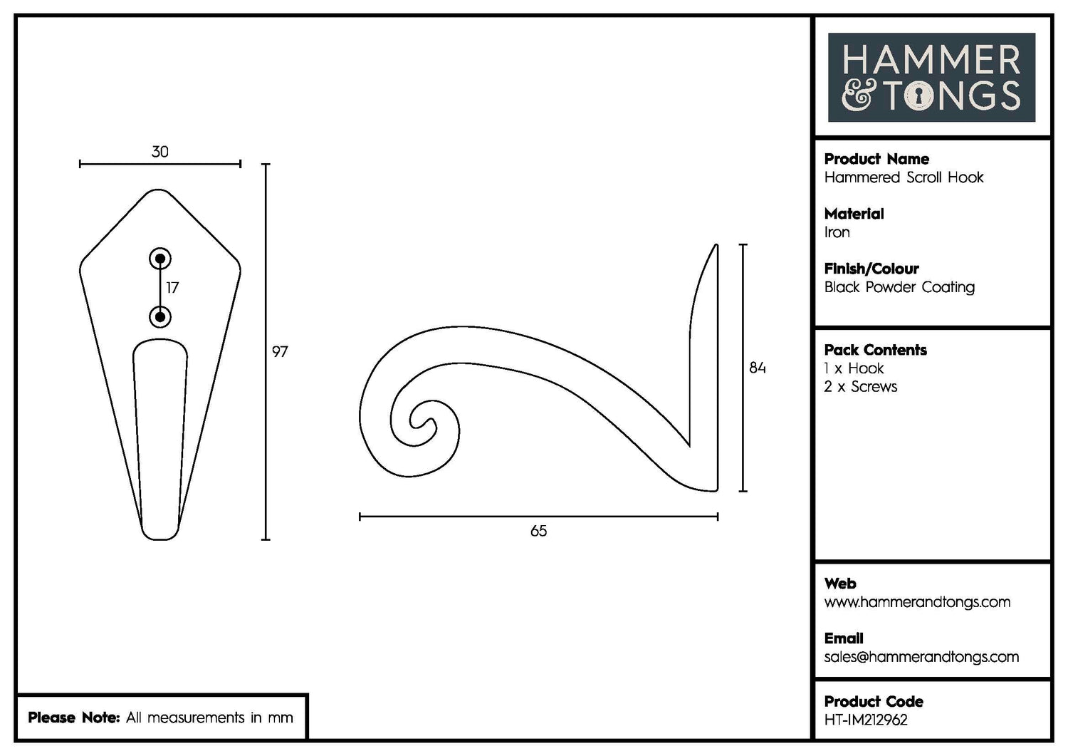 Hammered Scroll Hook - W30mm x H95mm - Black