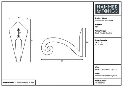Hammered Scroll Hook - W30mm x H95mm - Black